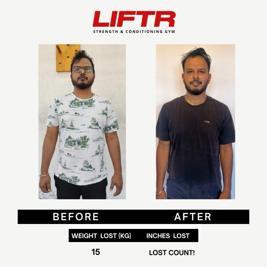 LIFTR member before and after the 6 Week Challenge, with weight and inches lost