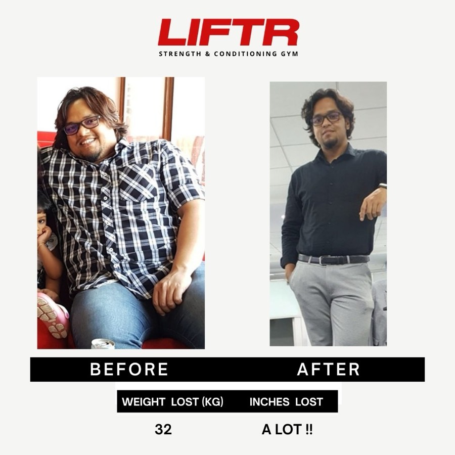 LIFTR member before and after the 6 Week Challenge, with weight and inches lost