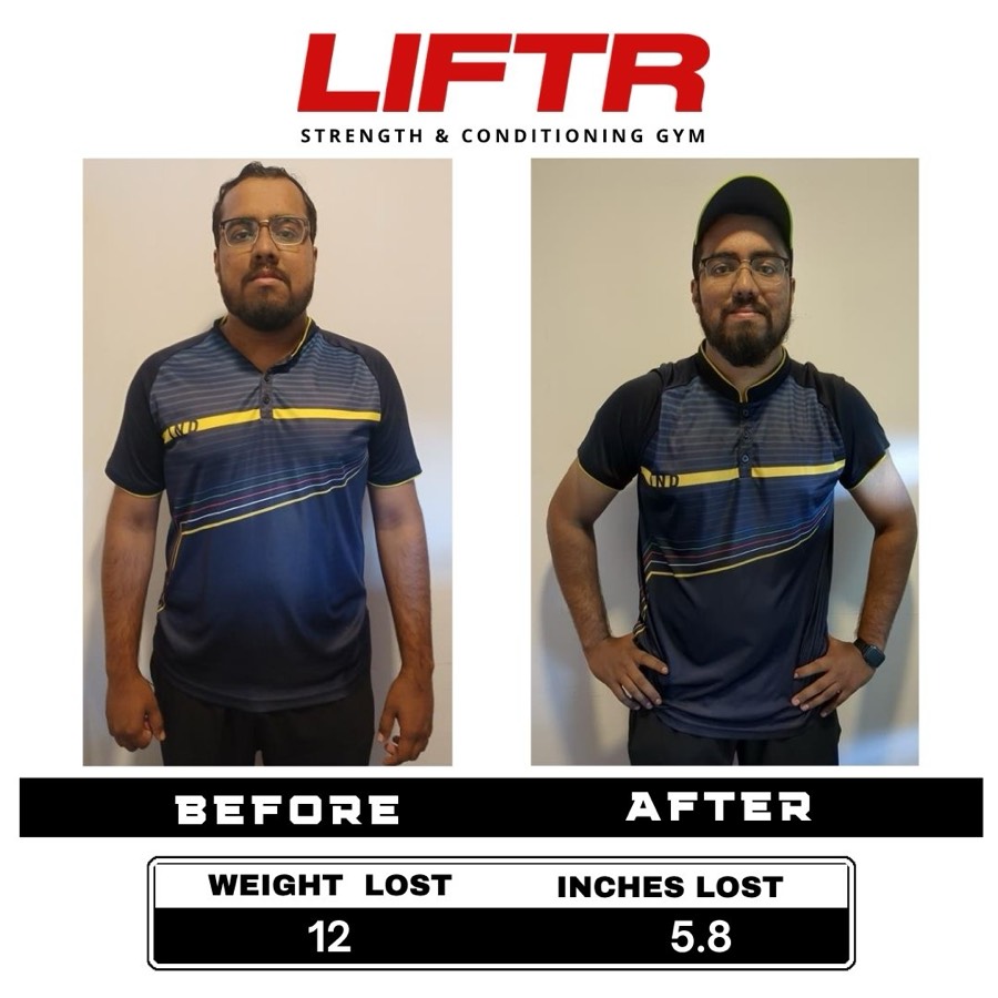 LIFTR member before and after the 6 Week Challenge, with weight and inches lost