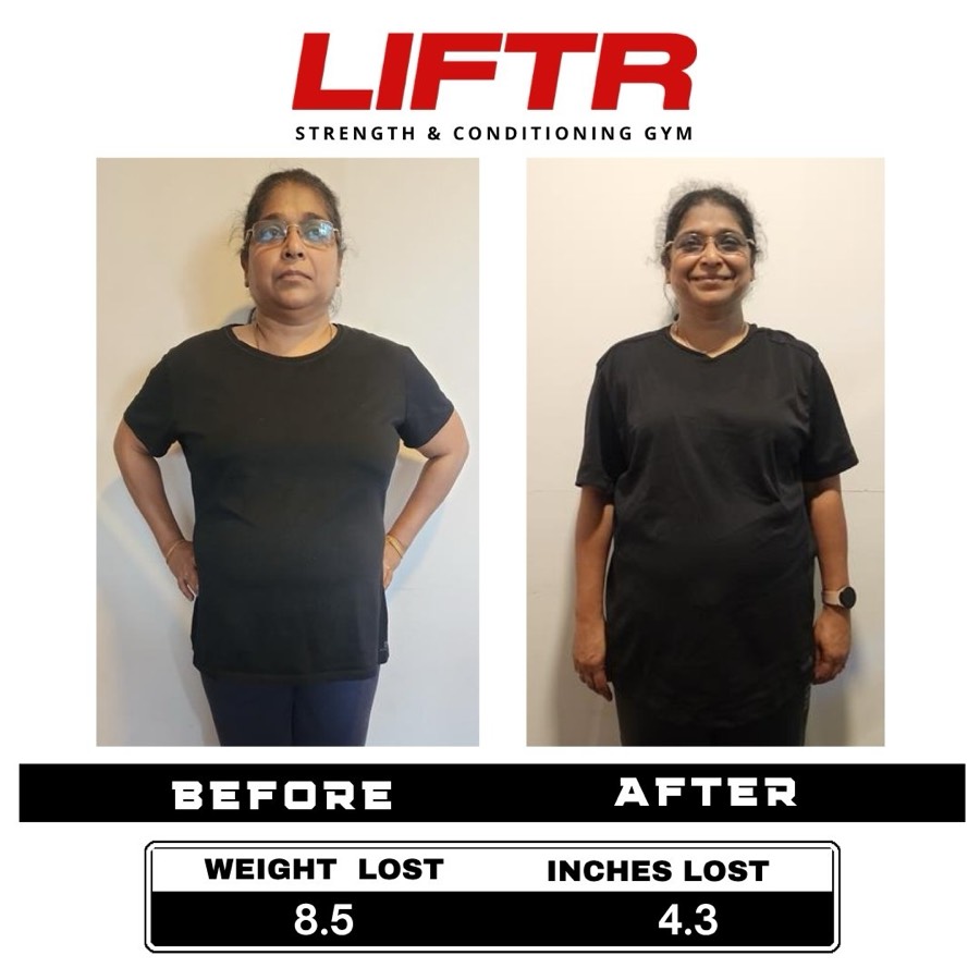 LIFTR member before and after the 6 Week Challenge, with weight and inches lost