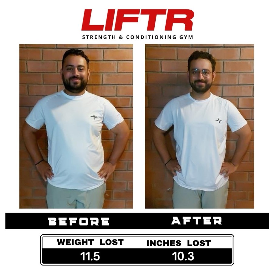 LIFTR member before and after the 6 Week Challenge, with weight and inches lost