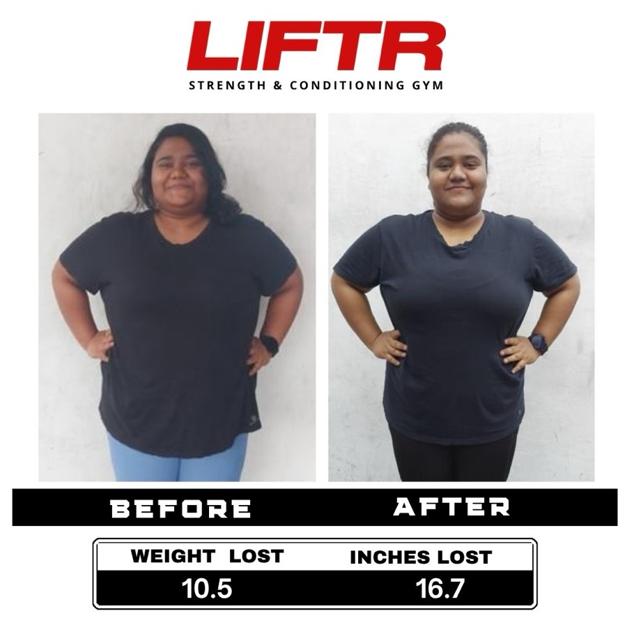 LIFTR member before and after the 6 Week Challenge, with weight and inches lost